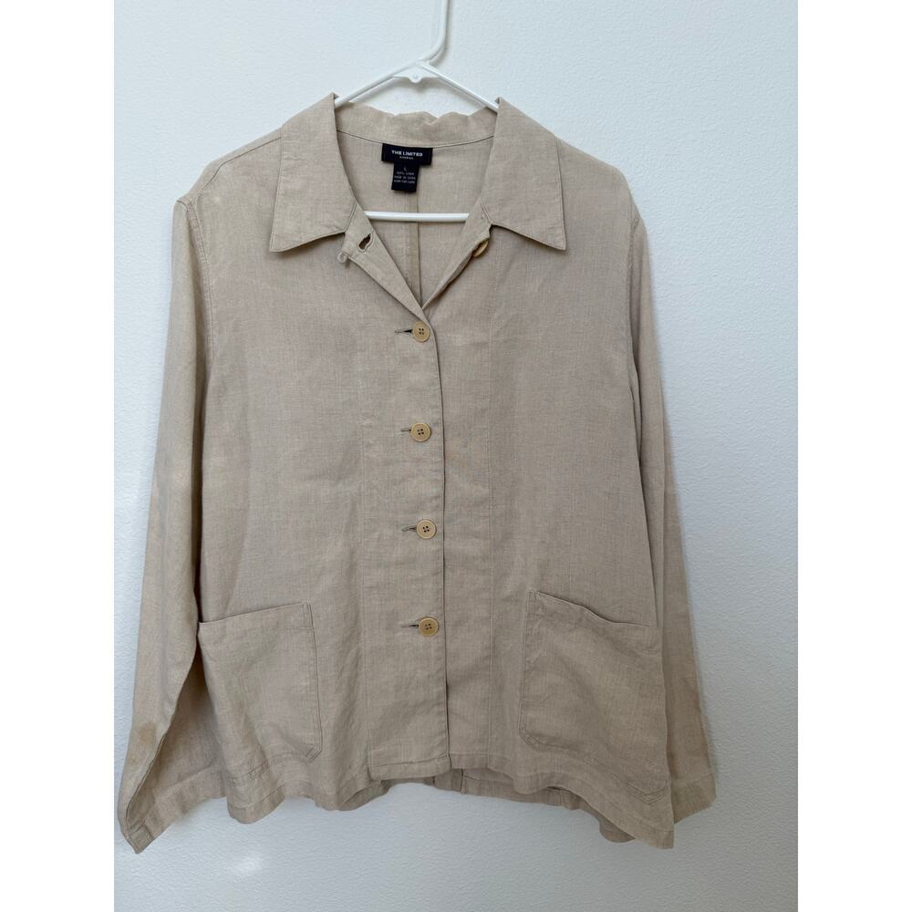 The‎ Limited Tan Linen Button Up Blouse with Pockets L Adjustable Waist